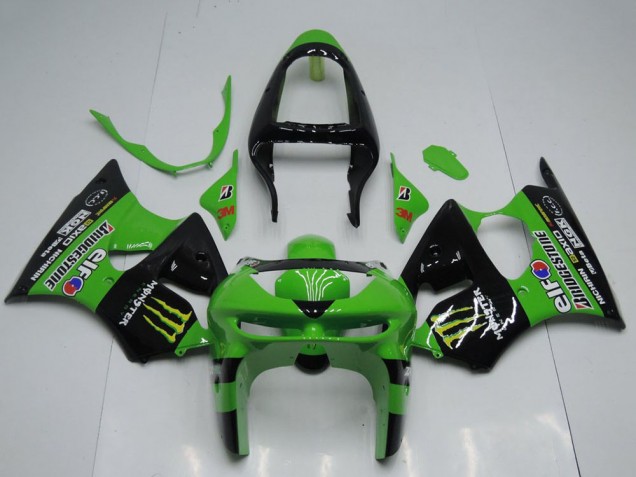 1998-1999 Kawasaki ZX6R Motorcycle Fairings - Green Glossy Black Yellow Elf Bridgestone Monster UK Manufacturers