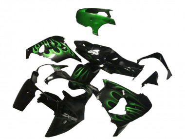 2000-2001 Kawasaki ZX9R Motorcycle Fairings - Glossy Black Green Flame UK Manufacturers
