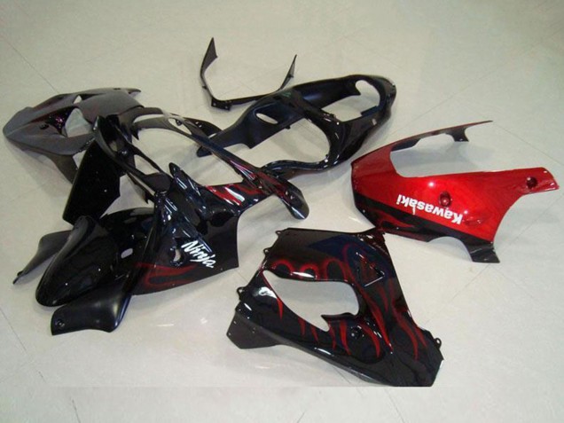 2000-2001 Kawasaki ZX9R Motorcycle Fairing - Glossy Black Red Flame UK Manufacturers