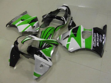 2000-2002 Kawasaki ZX6R Motorcycle Fairings - White Green Glossy Black Stripe Silkolene Dunlop UK Manufacturers