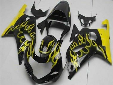 2001-2003 Suzuki GSXR 600/750 Motorcycle Fairings - Glossy Black Yellow Flame UK Manufacturers