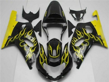 2001-2003 Suzuki GSXR 600/750 Motorcycle Fairings - Glossy Black Yellow Flame UK Manufacturers