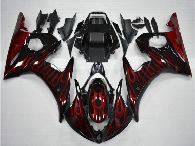 2003-2004 Yamaha YZF R6 Motorcycle Fairing - Glossy Black Red Flame UK Manufacturers