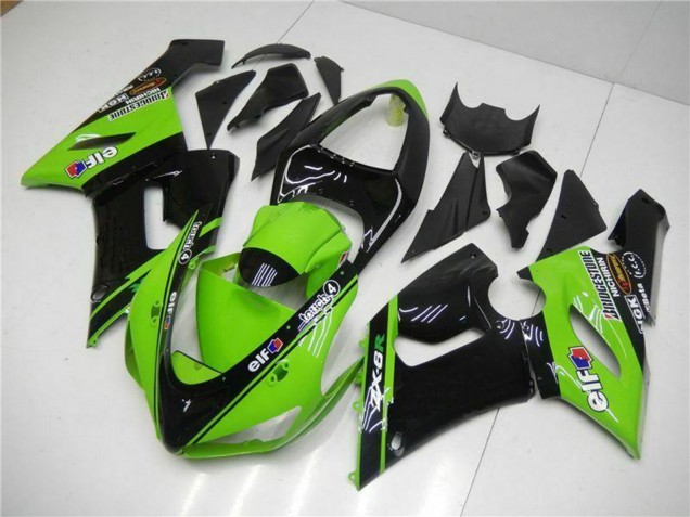 2005-2006 Kawasaki ZX6R Motorcycle Fairings - Green Glossy Black Elf UK Manufacturers