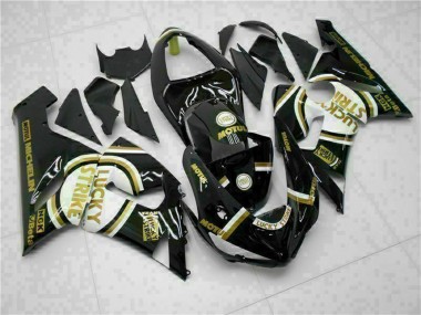 2005-2006 Kawasaki ZX6R Motorcycle Fairings - Glossy Black White Gold Lucky Strike UK Manufacturers