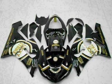 2005-2006 Kawasaki ZX6R Motorcycle Fairings - Glossy Black White Gold Lucky Strike UK Manufacturers