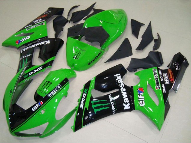 2005-2006 Kawasaki ZX6R Motorcycle Fairings - Green Glossy Black Elf Monster UK Manufacturers