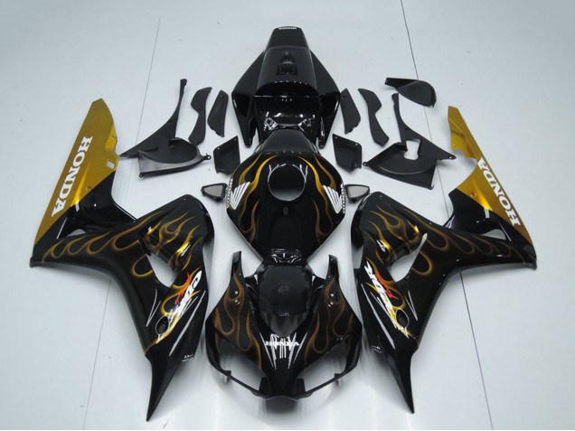2006-2007 Honda CBR1000RR Motorcycle Fairing - Glossy Black Gold Flame UK Manufacturers