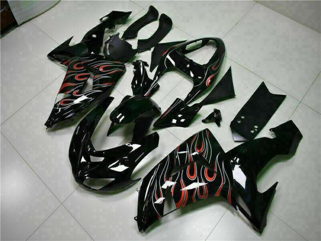 2006-2007 Kawasaki ZX10R Motorcycle Fairing Kits - Glossy Black Red Flame UK Manufacturers
