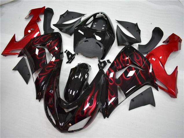 2006-2007 Kawasaki ZX10R Motorcycle Fairing - Glossy Black Red Flame UK Manufacturers