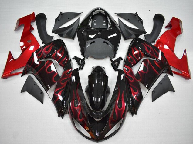 2006-2007 Kawasaki ZX10R Motorcycle Fairing - Glossy Black Red Flame UK Manufacturers