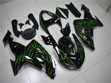 2006-2007 Kawasaki ZX10R Motorcycle Fairings - Glossy Black Green Flame UK Manufacturers