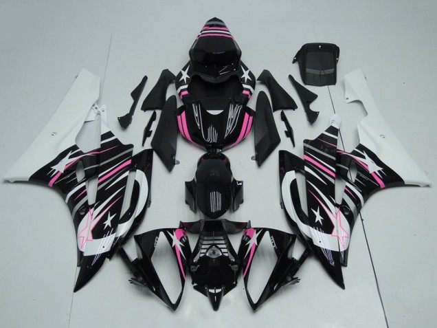 2006-2007 Yamaha YZF R6 Motorcycle Fairings - White Glossy Black Pink Star Flame UK Manufacturers