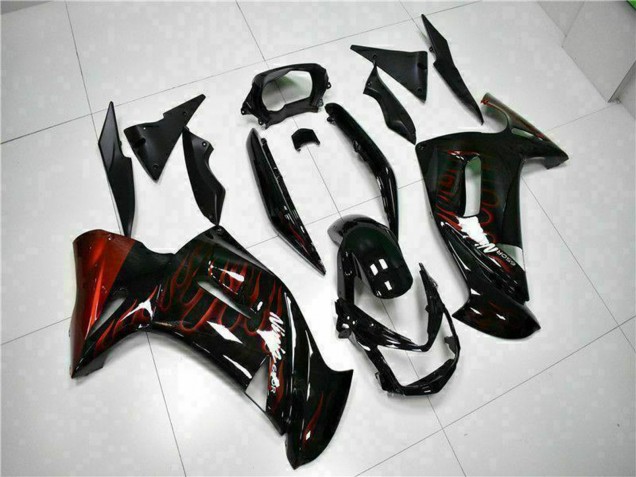 2006-2008 Kawasaki EX650 Motorcycle Fairings - Glossy Black Red Flame UK Manufacturers
