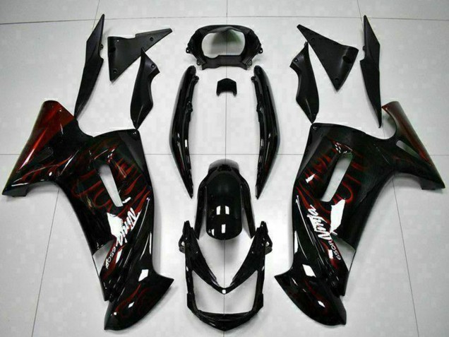 2006-2008 Kawasaki EX650 Motorcycle Fairings - Glossy Black Red Flame UK Manufacturers