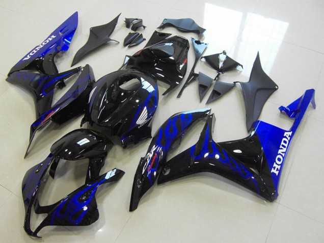 2007-2008 Honda CBR600RR Motorcycle Fairings - Glossy Black Blue Flame UK Manufacturers