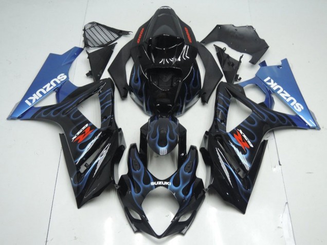 2007-2008 Suzuki GSXR 1000 Motorcycle Fairing Kits - Glossy Black Blue Flame UK Manufacturers