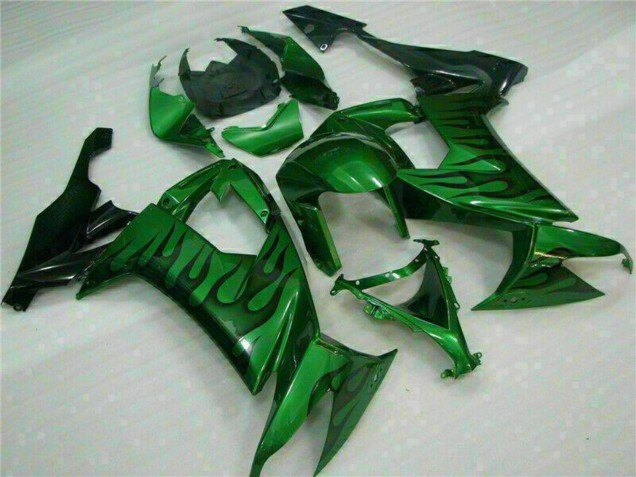2008-2010 Kawasaki ZX10R Motorcycle Fairings - Glossy Black Green Flame UK Manufacturers