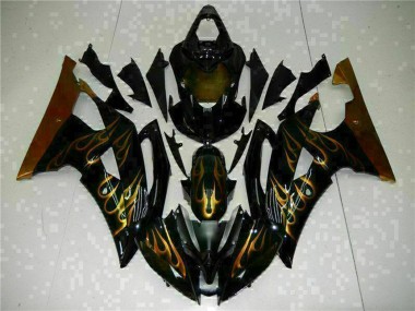 2008-2016 Yamaha YZF R6 Motorcycle Fairings - Glossy Black Gold Flame UK Manufacturers