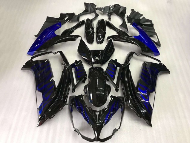 2012-2016 Kawasaki EX650 Motorcycle Fairings - Glossy Black Blue Flame UK Manufacturers