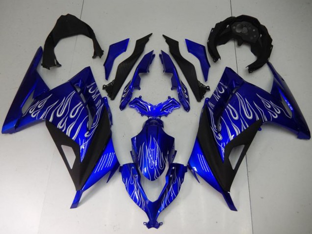 2013-2024 Kawasaki Ninja 300 EX300R Motorcycle Fairings - Blue Black White Flame UK Manufacturers