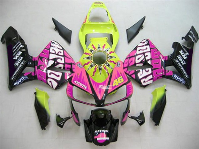 2003-2004 Honda CBR600RR Motorcycle Fairings - Yellow Pink Glossy Black Valentino Rossi UK Manufacturers