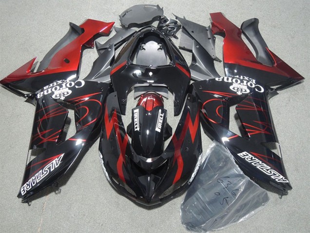 2006-2007 Kawasaki ZX10R Motorcycle Fairings - Glossy Black Red Flame Alstare Corona Extra UK Manufacturers