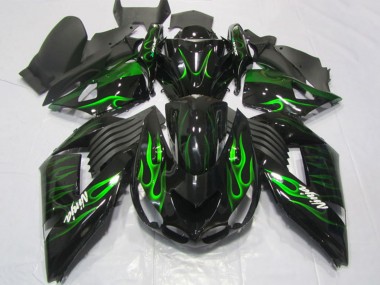 2006-2011 Kawasaki ZX14R ZZR1400 Motorcycle Fairings - Glossy Black Green Flame UK Manufacturers