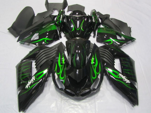2006-2011 Kawasaki ZX14R ZZR1400 Motorcycle Fairings - Glossy Black Green Flame UK Manufacturers
