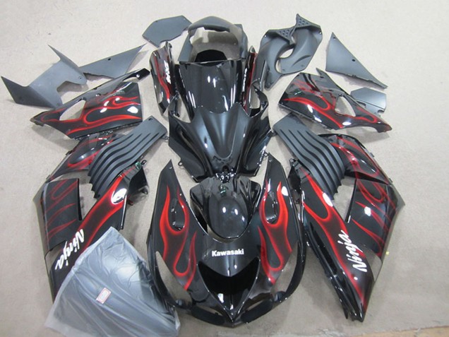 2006-2011 Kawasaki ZX14R ZZR1400 Motorcycle Fairing - Glossy Black Red Flame UK Manufacturers