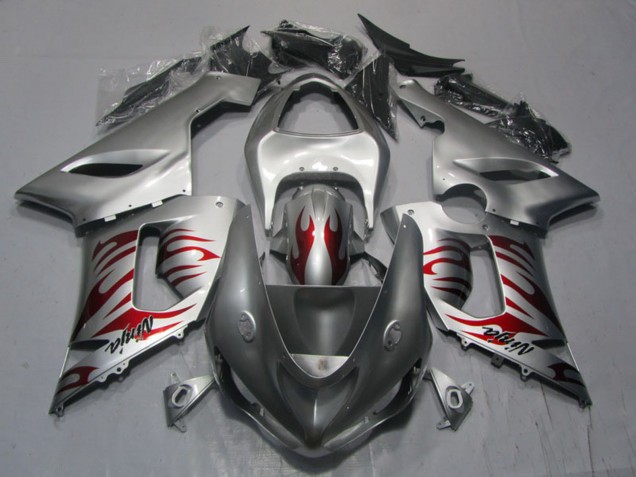 2005-2006 Kawasaki ZX6R Motorcycle Fairings - Silver Red Flame Ninja UK Manufacturers
