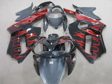 2007-2008 Kawasaki ZX6R Motorcycle Fairing - Black Red Flame UK Manufacturers