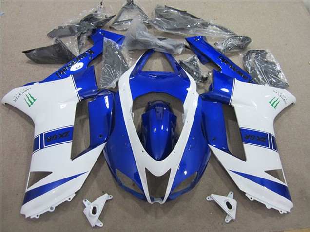 2007-2008 Kawasaki ZX6R Motorcycle Fairings - Blue White Monster UK Manufacturers