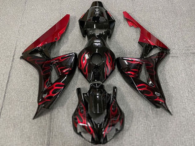 2006-2007 Honda CBR1000RR Motorcycle Fairings - Glossy Black Red Flame UK Manufacturers