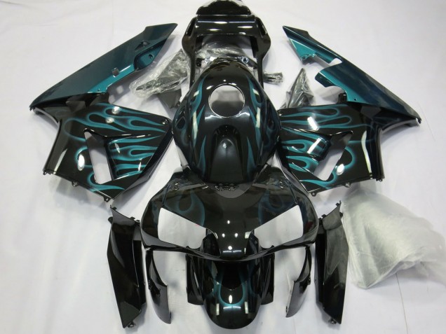 2003-2004 Honda CBR600RR Motorcycle Fairings - Glossy Black Green Flame UK Manufacturers