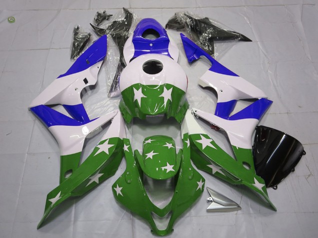 2007-2008 Honda CBR600RR Motorcycle Fairings - White Blue Green Stars Stripe UK Manufacturers