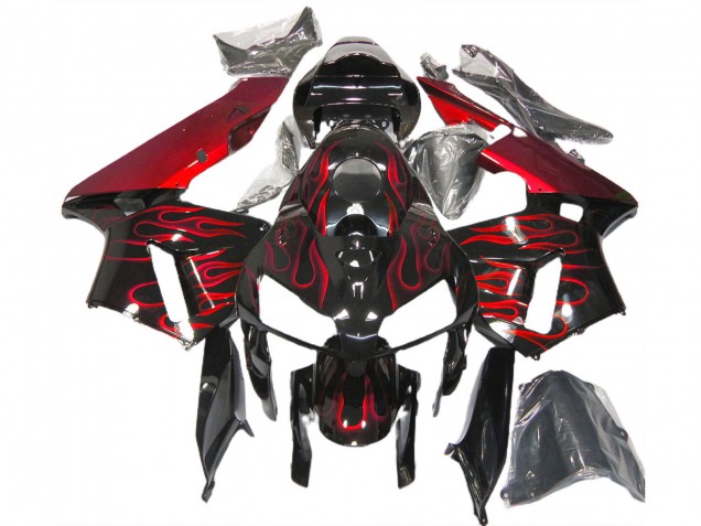 2005-2006 Honda CBR600RR Motorcycle Fairings - Glossy Black Red Flame UK Manufacturers