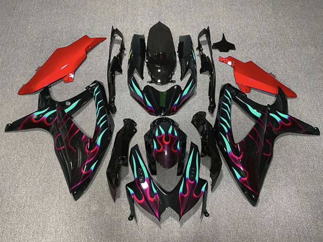 2008-2010 Suzuki GSXR 600 / GSXR 750 Motorcycle Fairings - Glossy Black Red Cyan Flame UK Manufacturers