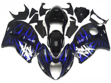 1996-2007 Suzuki GSXR 1300 Motorcycle Fairings - Glossy Black with Deep Blue Flame UK Manufacturers
