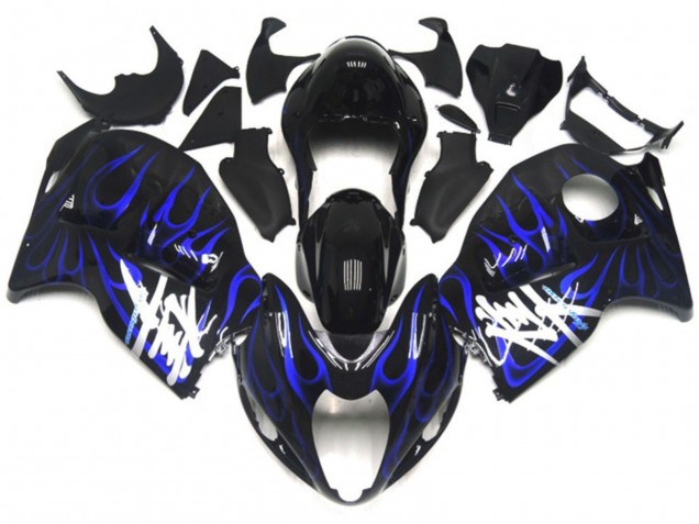 1996-2007 Suzuki GSXR 1300 Motorcycle Fairings - Glossy Black with Deep Blue Flame UK Manufacturers