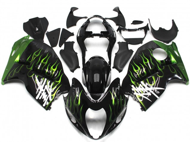 1996-2007 Suzuki GSXR 1300 Motorcycle Fairings - Glossy Black with Deep Green Flame UK Manufacturers