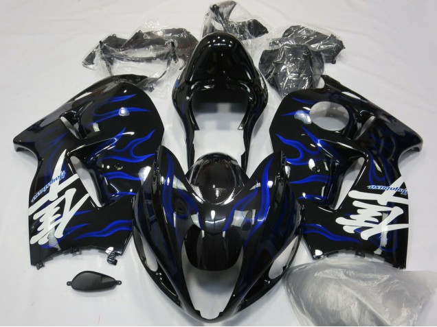 1996-2007 Suzuki GSXR 1300 Motorcycle Fairings - Glossy Black Blue Flame UK Manufacturers