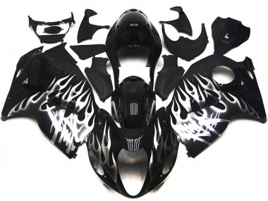 1996-2007 Suzuki GSXR 1300 Motorcycle Fairings - Glossy Black with Silver Flame UK Manufacturers
