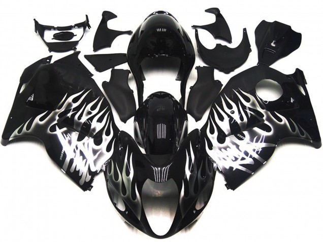 1996-2007 Suzuki GSXR 1300 Motorcycle Fairings - Glossy Black with Silver Flame UK Manufacturers