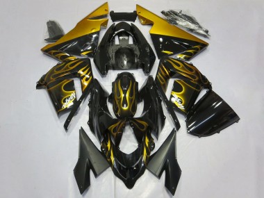 2004-2005 Kawasaki ZX10R Motorcycle Fairings - Glossy Black Gold Flame UK Manufacturers