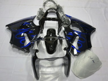 2000-2002 Kawasaki ZX6R Motorcycle Fairing - Glossy Black Blue Flame UK Manufacturers