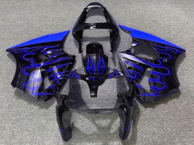 2000-2002 Kawasaki ZX6R Motorcycle Fairings - Glossy Black Blue Flame UK Manufacturers