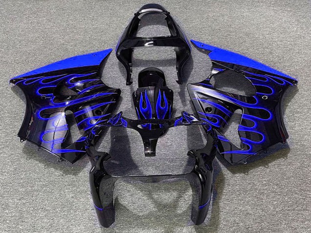 2000-2002 Kawasaki ZX6R Motorcycle Fairings - Glossy Black Blue Flame UK Manufacturers