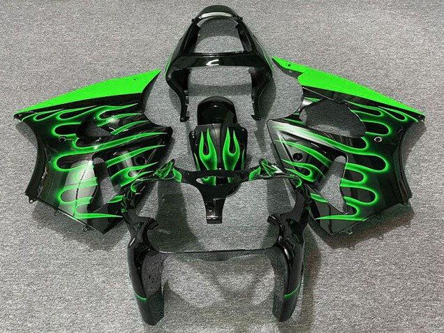 2000-2002 Kawasaki ZX6R Motorcycle Fairings - Glossy Black Green Flame UK Manufacturers