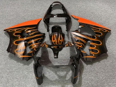2000-2002 Kawasaki ZX6R Motorcycle Fairings - Glossy Black Orange Flame UK Manufacturers